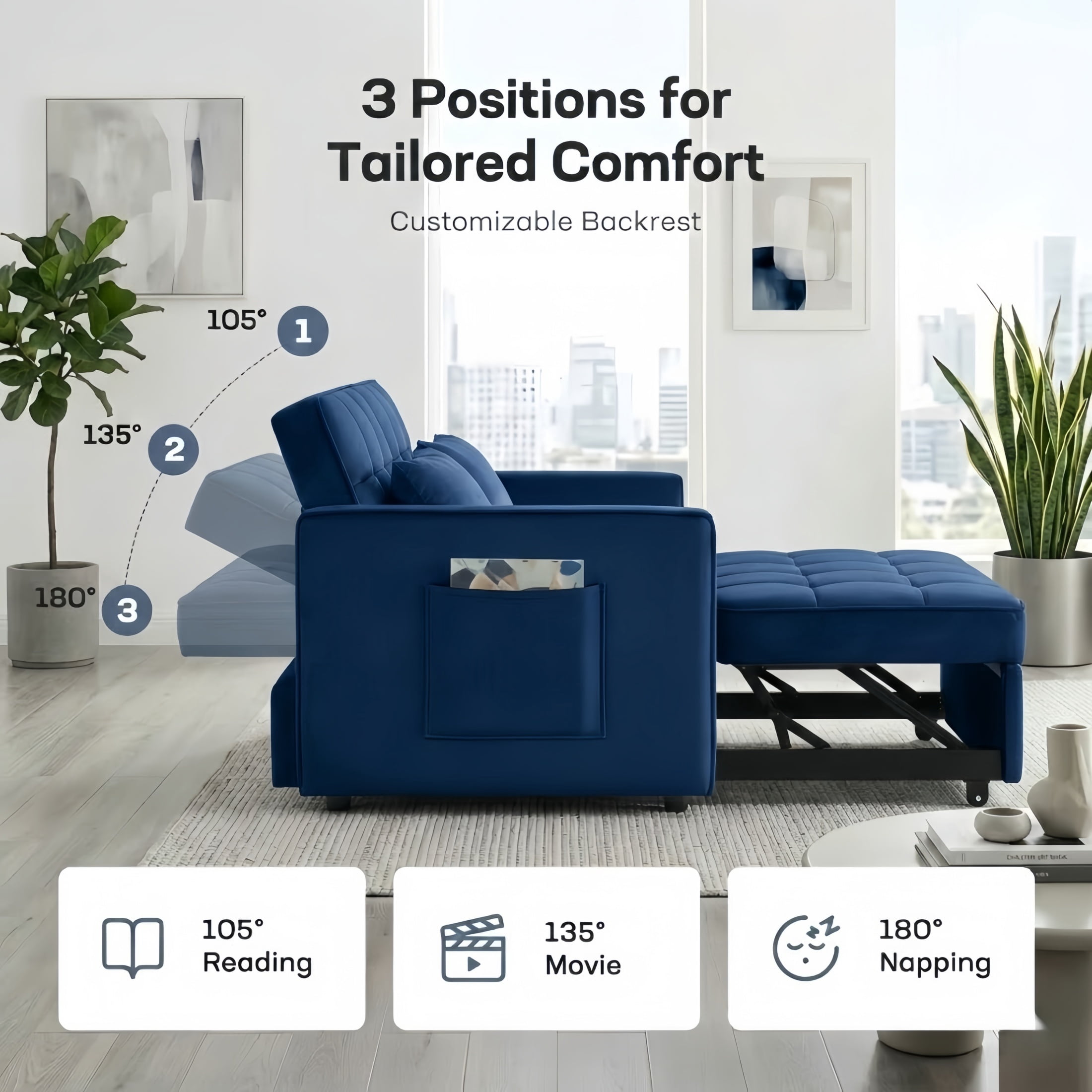 Amuille 3 in 1 Convertible Sleeper Sofa Bed, 54" Velvet Fabric Loveseat, Pull Out Couch for Living Room and Apartment, Blue