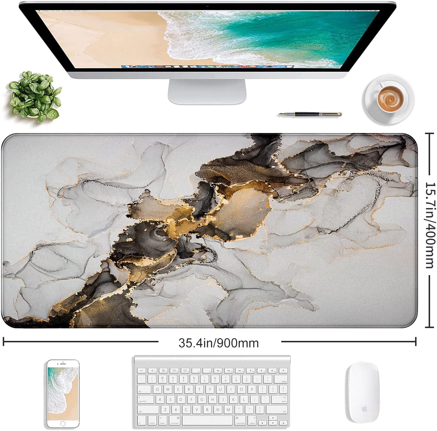 Large Extended Gaming Mouse Pad With Stitched Edges, Non-Slip Waterproof Rubber Base Mouse Pad For Office, Computer, Keyboard, Laptop And Home Desk Pad 35.4 x 15.7 x 0.12 Inch (Black Gold Grey Marble)