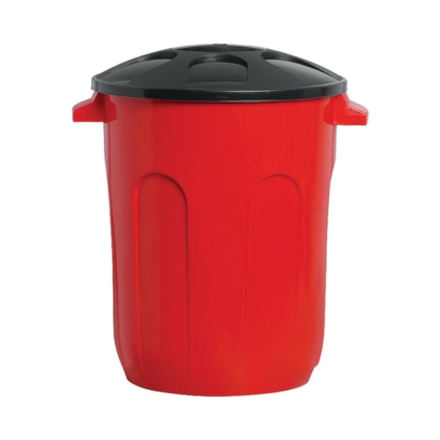 bote de basura con tapa , polipropileno de alta resistencia de 30 litros. color rojo Bote de basura rojo de 30 L, vista frontal centrada; cuerpo cilíndrico con relieves verticales y asas laterales, tapa negra encajada con cuatro hendiduras; ideal para cocina, terraza o área de lavado; plástico libre de BPA; suele usarse también para almacenamiento temporal de herramientas de jardín.