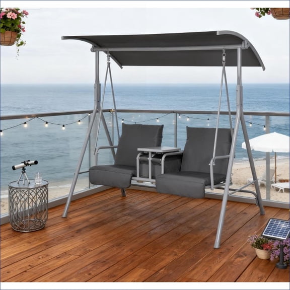 Outdoor Patio Swing | 2-Person Seats with Adjustable Canopy & Storage, for Patio Backyard Poolside Garden | Slate Gray | Polyester,Steel