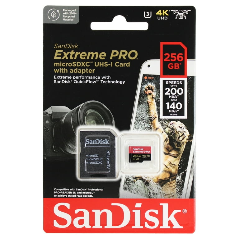 SanDisk Extreme Pro - Flash memory card (microSDXC to SD adapter included) - 256 GB - A2 / Video Class V30 / UHS-I U3 / Class10 - microSDXC UHS-I SanDisk Extreme Pro - Flash memory card (microSDXC to SD adapter included) - 256 GB - A2 / Video Class V30 / UHS-I U3 / Class10 - microSDXC UHS-I