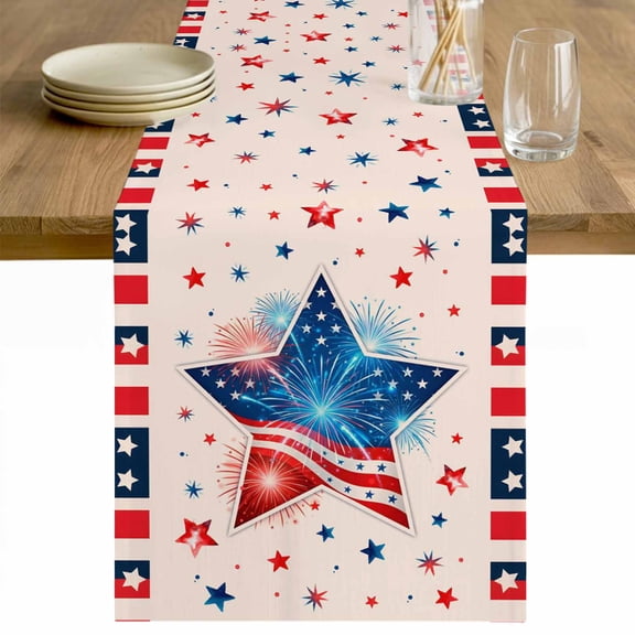 Patriotic USA Flag Table Runner - 48 Inch Long Memorial Blue Red Freedom Lines Cotton and Linen Blended Dress Scarves Farmhouse Table Runner for Kitchen Dining, Coffee Table, 13" x 48"