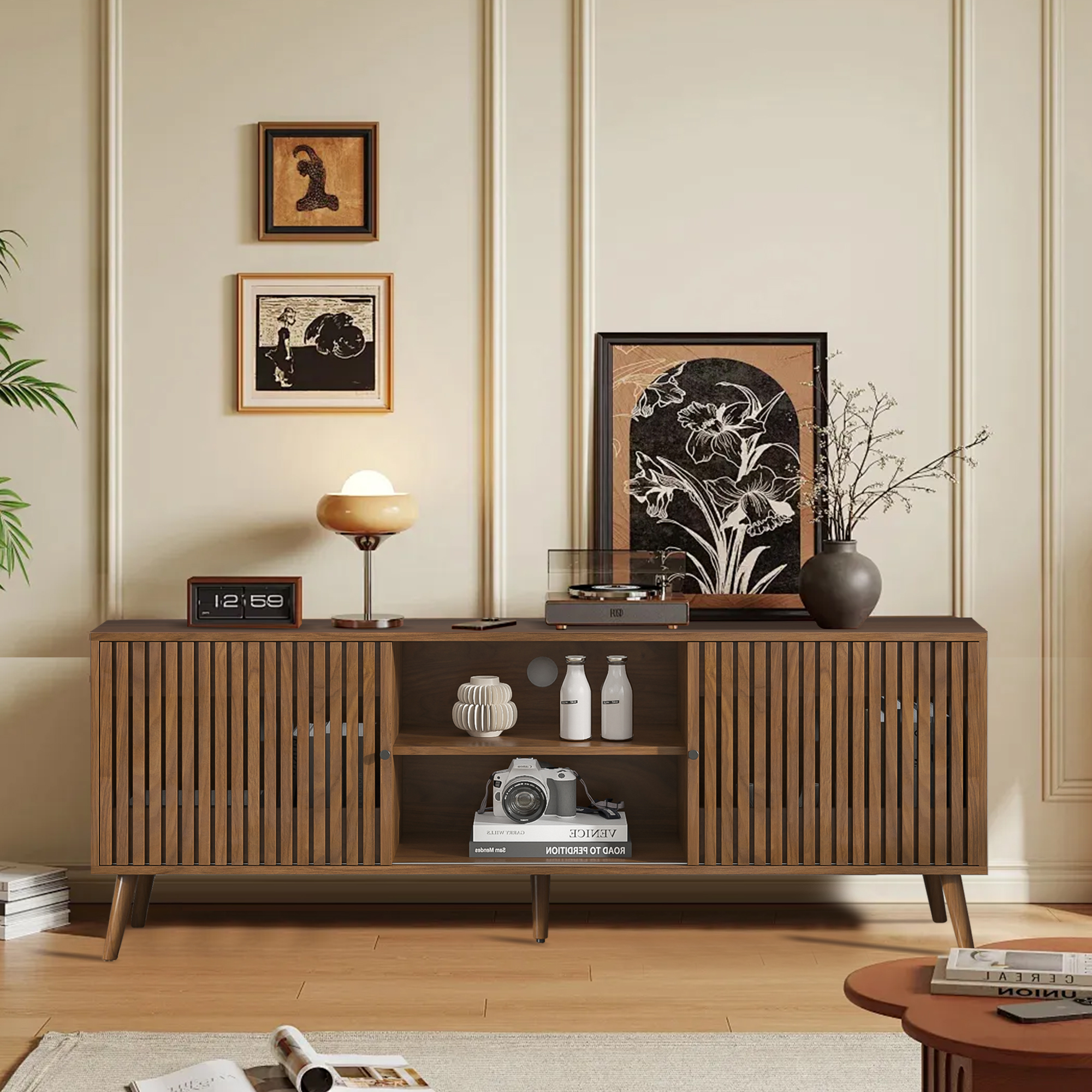 Diubas Mid Century Modern TV Stand for TV up to 70'', Television Stands, TV Consoles, Media Consoles, Walnut