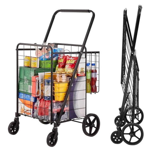 Folding Shopping Cart, Black | Jumbo Grocery Utility Cart, Double Baskets, 360° Swivel Wheels, 110 LBS Large Capacity