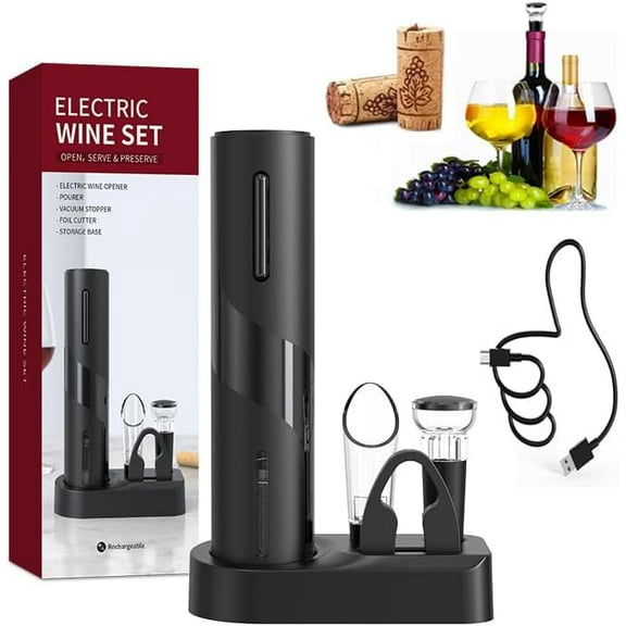 Electric Wine Opener ,Rechargeable Wine Bottle Opener electric Automatic Wine Corkscrew with Foil Cutter,Wine Pourer, Vacuum Preservation Stoppers, electric wine bottle opener Set Gifts.(BLACK)