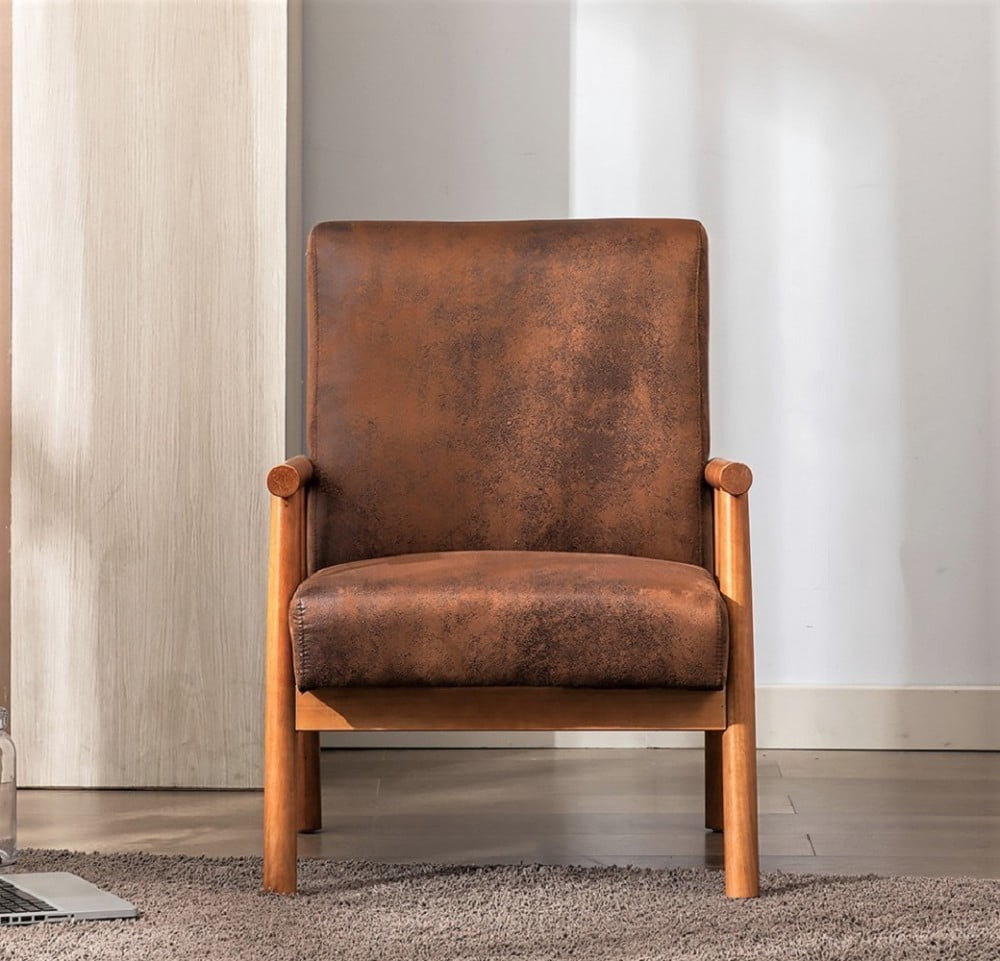 Mid Century Modern Accent Chair, 25" Wide Upholstered Armchair with Solid Wood Frame, Padded Seat & Arms, Dark Brown Lounge Chair for Living Room & Bedroom, Light Brown