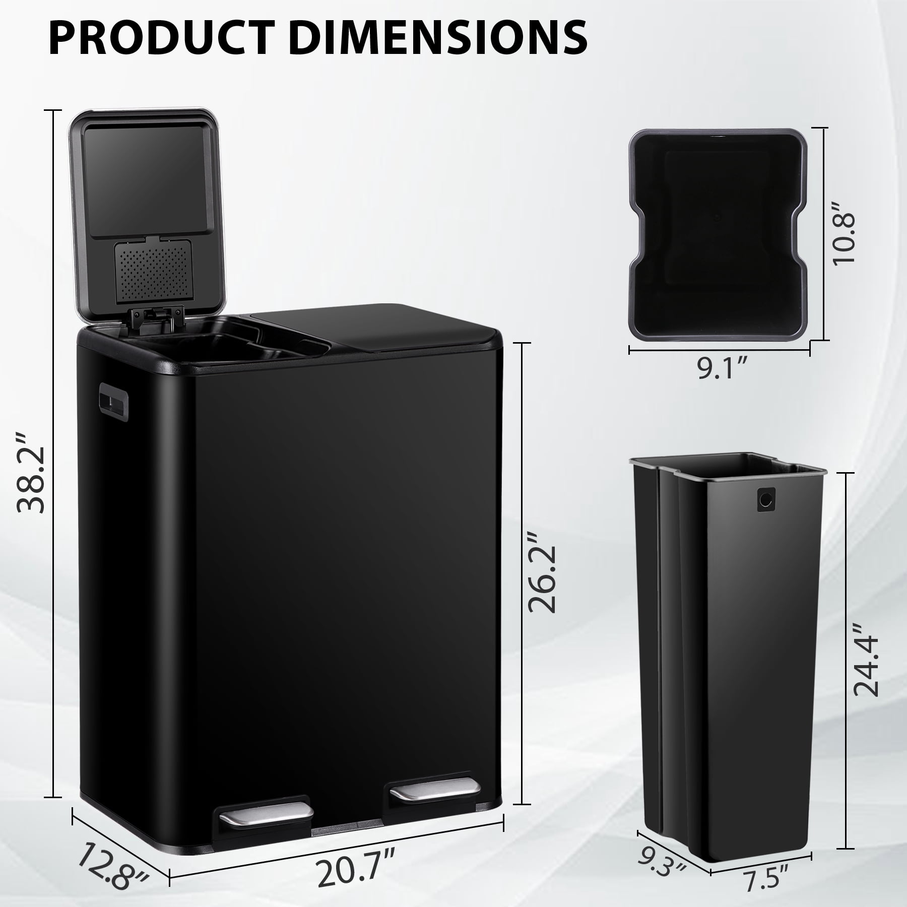 HomGarden 16 Gallon Dual Compartment Trash Can Stainless Steel Step Garbage Can Home Kitchen, Black