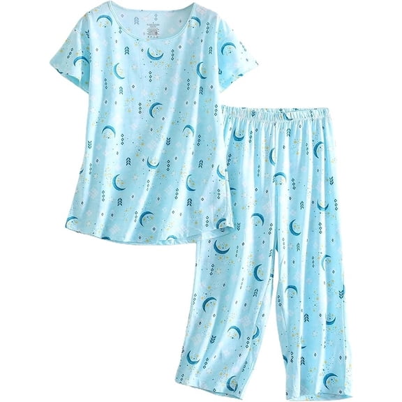 Women's Capri Pajama Set 2Pcs Short Sleeve Top Capri Pants Sleepwear Loungewear
