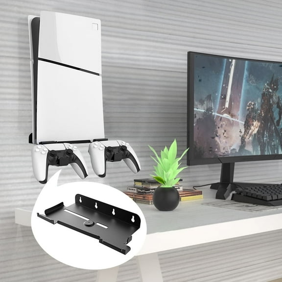 Wall Mount Bracket Vertical Stand with 2 Controller Mounts Display Stand Base for PS5 Slim Digital Edition and Disc Edition