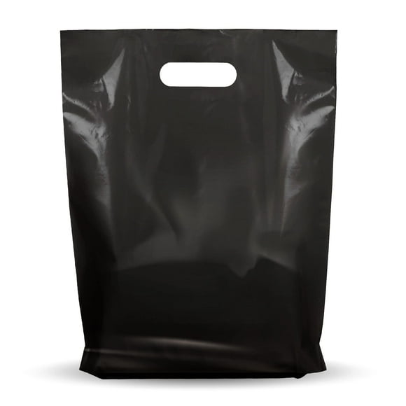 1000 Pack 12" x 15" with 1.25 mil Thick Black Merchandise Plastic Glossy Retail Bags - Die Cut Handles - Perfect for Shopping, Party Favors, Birthdays, Parties - Color Black - 100% Recyclable