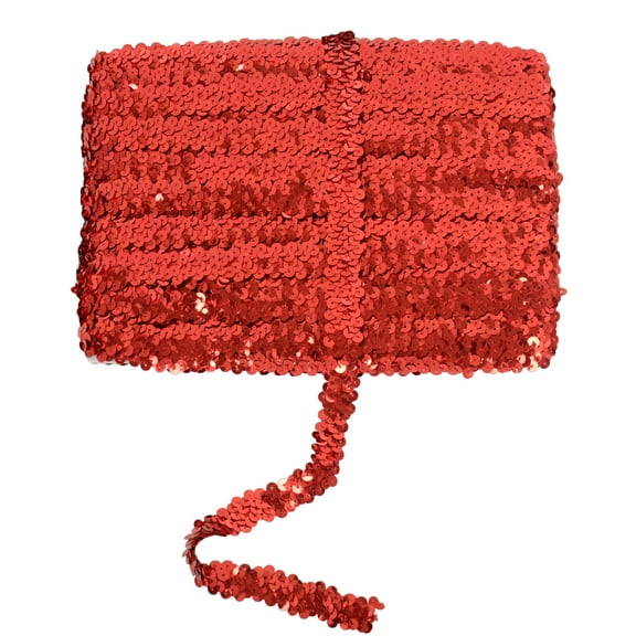 Elastic Sequin Trim, 0.8 Inch 2 Row Flat Glitter Paillette Sequin Ribbon, Metallic Sequin Strip DIY Decorations, 25 Yards, Red