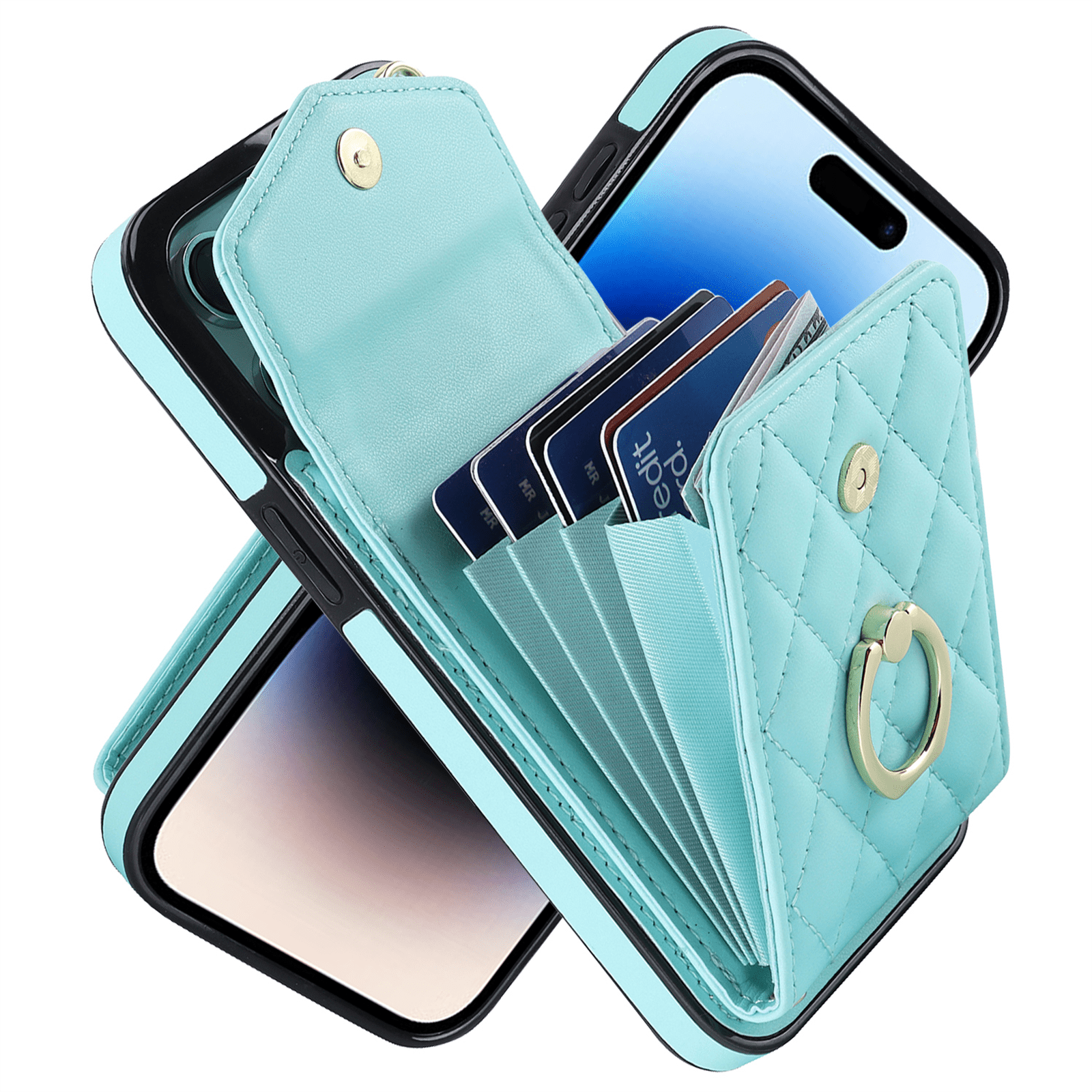 Asuwish Wallet RFID Blocking PU Leather Cell Phone Case with Tempered Glass Screen Protector, Wrist Strap for iPhone 15 Pro, Teal