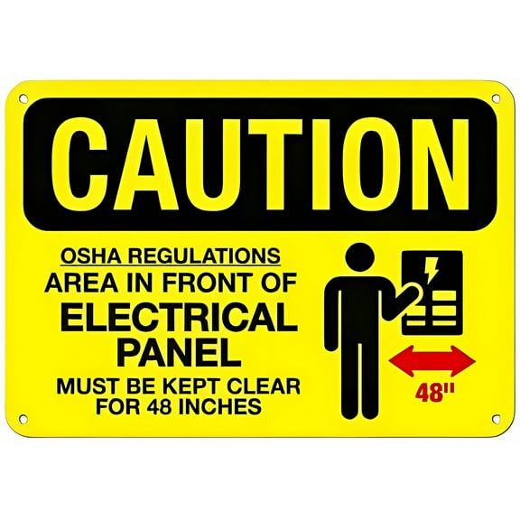 Area for 48 Inches in Front of Electrical Panel Must Be Kept Clear Metal Tin Sign 12 x 8 Inches - NO.27643, Clear Warning for Home & Business Use, Indoor Outdoor Electrical Safety