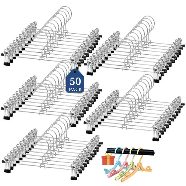 50 Perchas Metálicas para Pantalones con Pinzas Ajustables, Clips Antideslizantes y sin Marcas, Perchas de Metal con Ganchos Giratorios para Pantalones, Shorts, Faldas, Calcetines, Ropa Interior