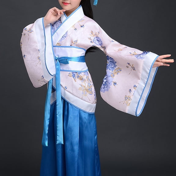 LTTVQM Girls Ancient Chinese Traditional Hanfu Dress with Midi Skirt Festival Cosplay Fancy Dresses Japanese Kimono Halloween Cosplay Performance Outfit Blue 11-12 Years