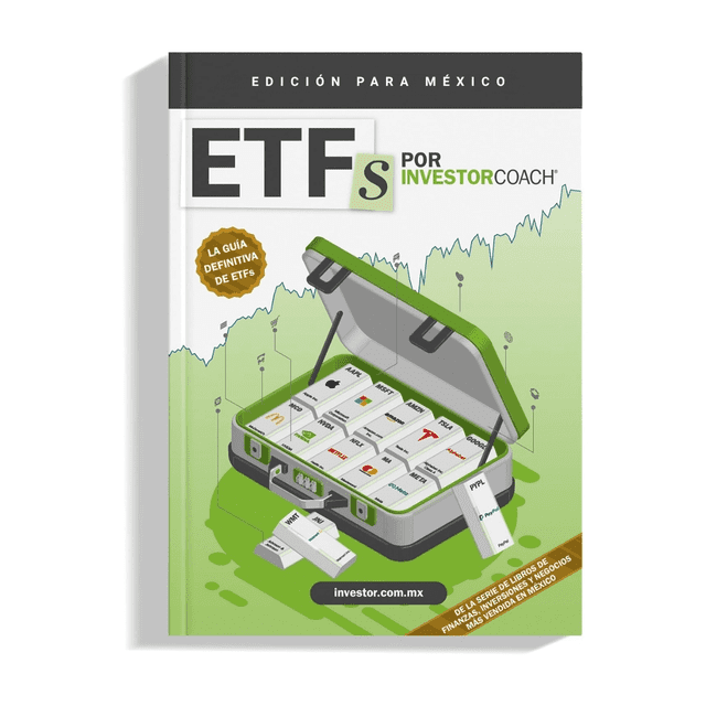 etfs por investorcoach®: guía de etfs en la bolsa (edición para méxico) portada frontal de libro con ilustración de una maleta abierta que contiene fichas tipo tarjeta que representan ETFs, un gráfico de rendimiento en fondo verde y banda superior negra con texto 'EDICIÓN PARA MÉXICO', adecuada para lectores interesados en la bolsa mexicana.