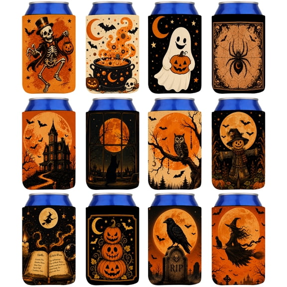 Halloween Koozies, Halloween Can Cooler Sleeves 12 Pack Halloween Drink Sleeves Reusable Neoprene Spooky Can Cooler Sleeves for Soda Beverage Party Decor Supplies