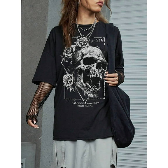 Goth Skull & Floral Print Drop Shoulder Tee, School, Unisex