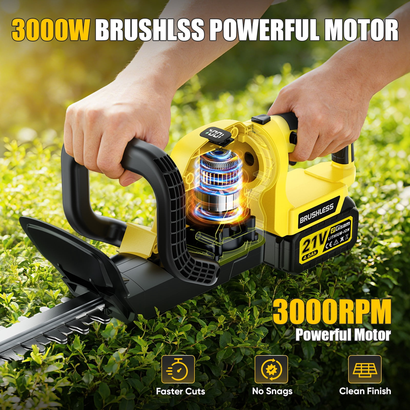 Gisam Cordless Rotary Hedge Trimmer, 21" Dual-Action Blade Electric Handheld Shrub Trimmer, with 2 x 4.0Ah Battery and Fast Charger