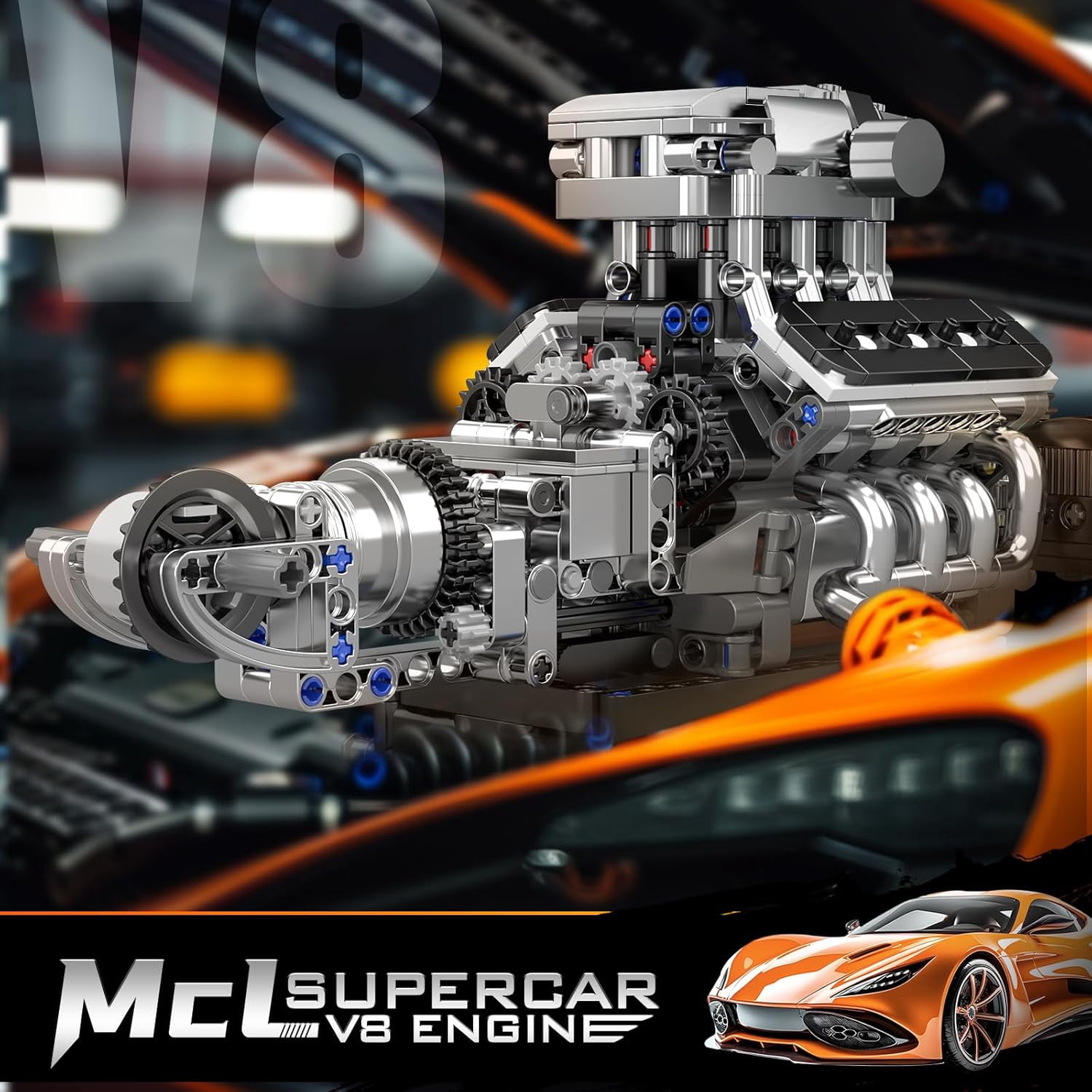 10206 V8 Combustion Engine Model Kit that Runs, Build Your Own MOC V8 Engine Model Toy, 8-Cylinder Petrol Car Engine Replica Model Building Kit (737 PCS)