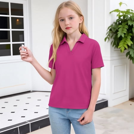 XADYUY Polo Shirts for Girls Toddler Short Sleeve V-Neck Polo Shirts Quick Dry Solid Color Uniform Shirts for Girls Summer Collared Spring Shirts for Girls Hot Pink 12-13Years