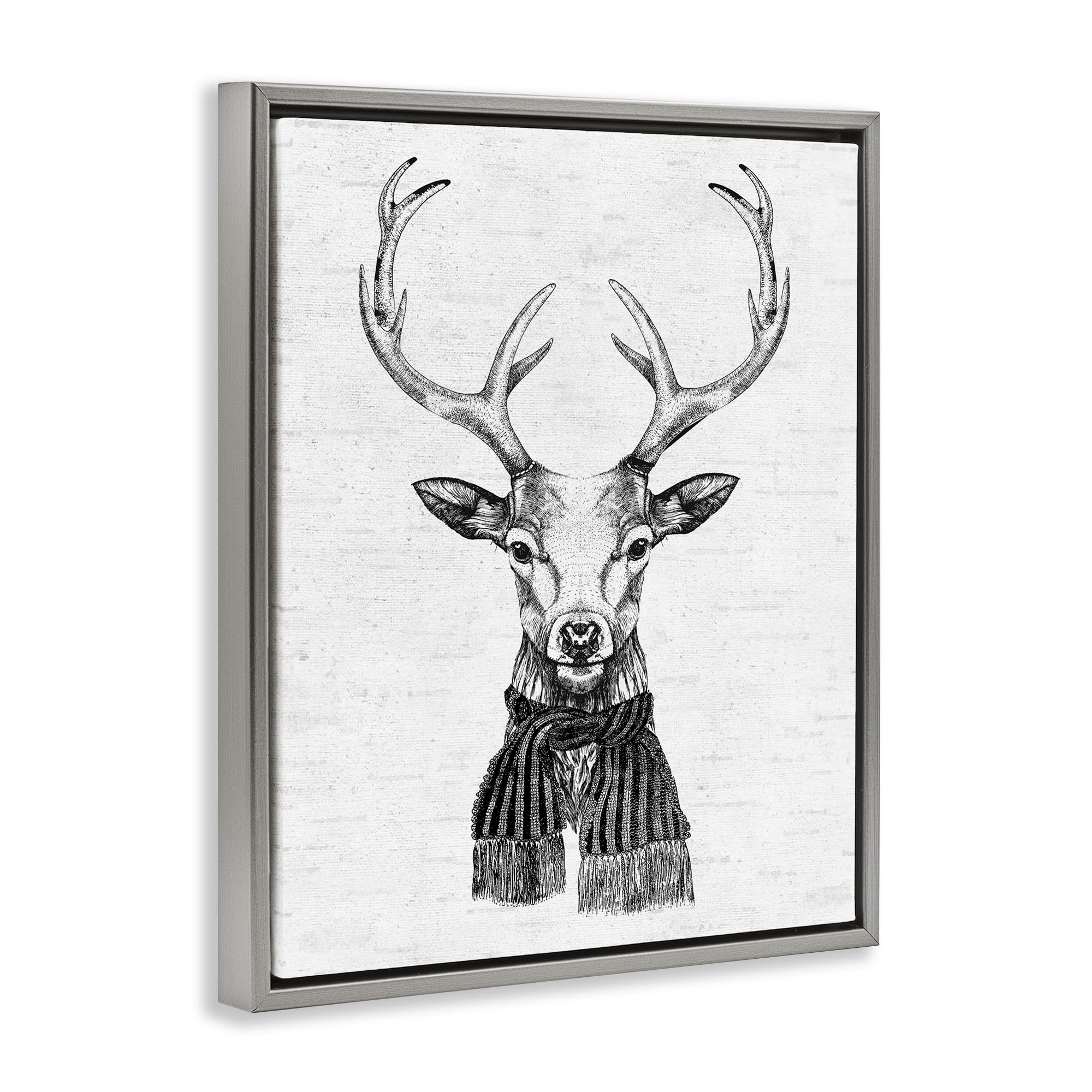 Stupell Industries Monochrome Holiday Deer Animals & Insects Painting Gray Floater Framed Canvas Art Print Wall Art, 25 x 31
