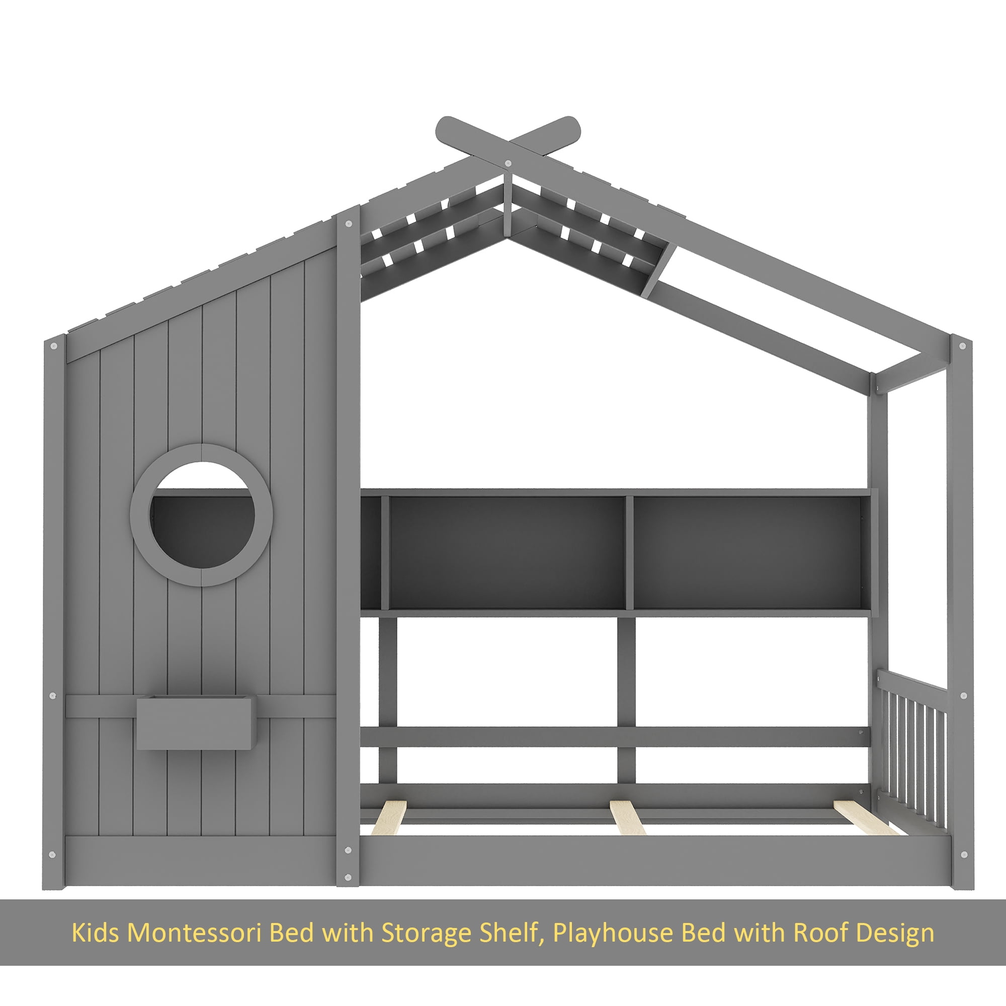 Twin Size Floor House Bed for Toddler, Kids Montessori Bed with Storage Shelf, Playhouse Bed with Roof Design, Gray