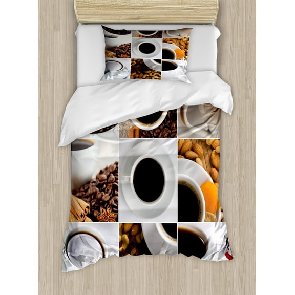 Ambesonne Coffee Duvet Cover Set, Coffee Almonds Cashews, Twin, White Black Brown