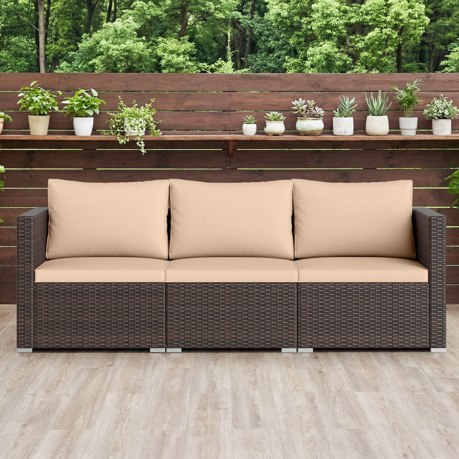 Costway 3PCS Patio Sectional Sofa Set with Right Arm Sofa & Left Arm Sofa, Soft Cushions Beige + Mix Brown