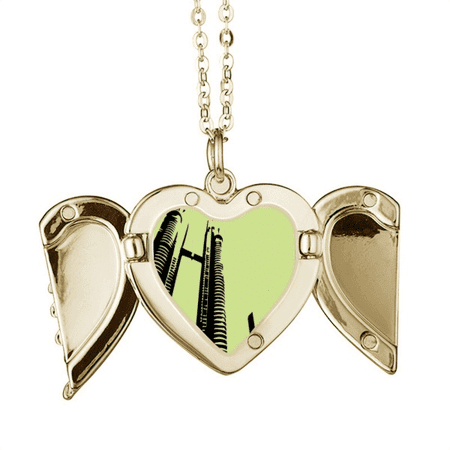 Malaysia Petronas Twin Towers Folded Wings Peach Heart Pendant Necklace