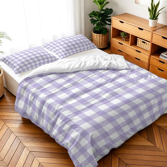 Queen Size 3 Pieces Duvet Cover Sets Pastoral Buffalo Plaid Bedding Set,Microfiber Soft Comforter Cover with Pillow Shams,Luxury Quilt Covers for Bedroom Decor Purple White Checkered