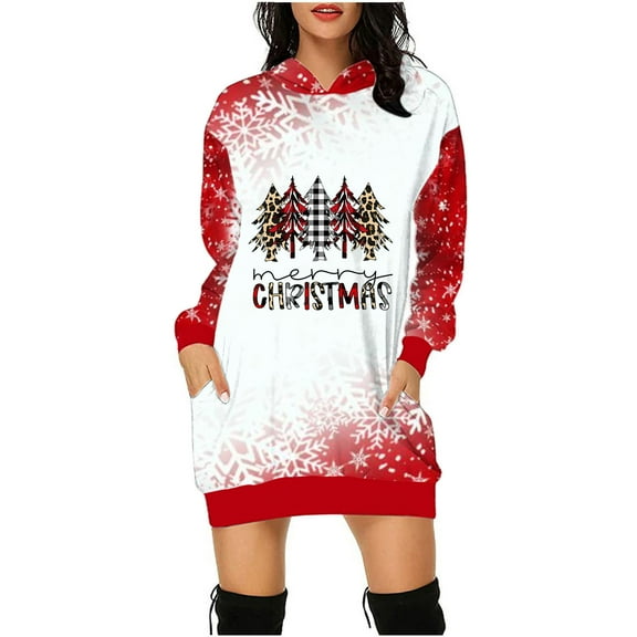 Lilgiuy Christmas Hoodies Dress Hooded Women Sweatshirts Dress Casual Long Sleeve Tunic Dress Xmas Tree Oversized Sweatshirts for Formal Occasions