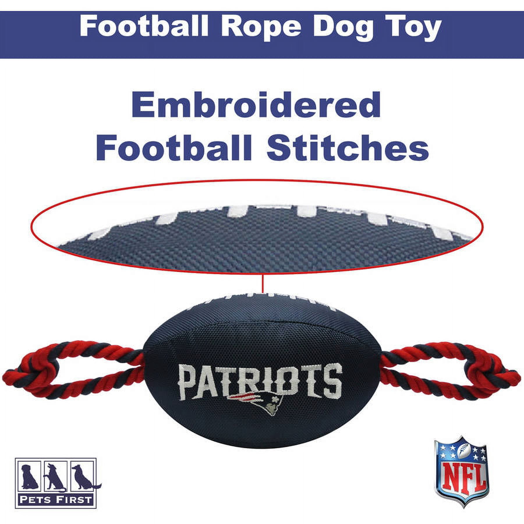 Pets First NFL New England Patriots Strong, Durable, Chewable Pet Dog Football Toy with inner SQUEAKER & Side Ropes. Available in 32 NFL TEAMS. - Officialy Licensed