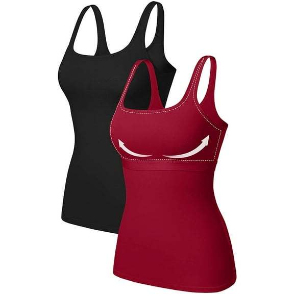 Women's Square Neck Tank Top Cotton Undershirts With Shelf Bra, 2-Packs