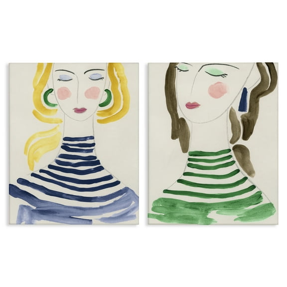Stupell Industries Stylish Ladies in Stripes People Painting Wrapped Canvas Art Print Wall Art, 16 x 20, Set of 2