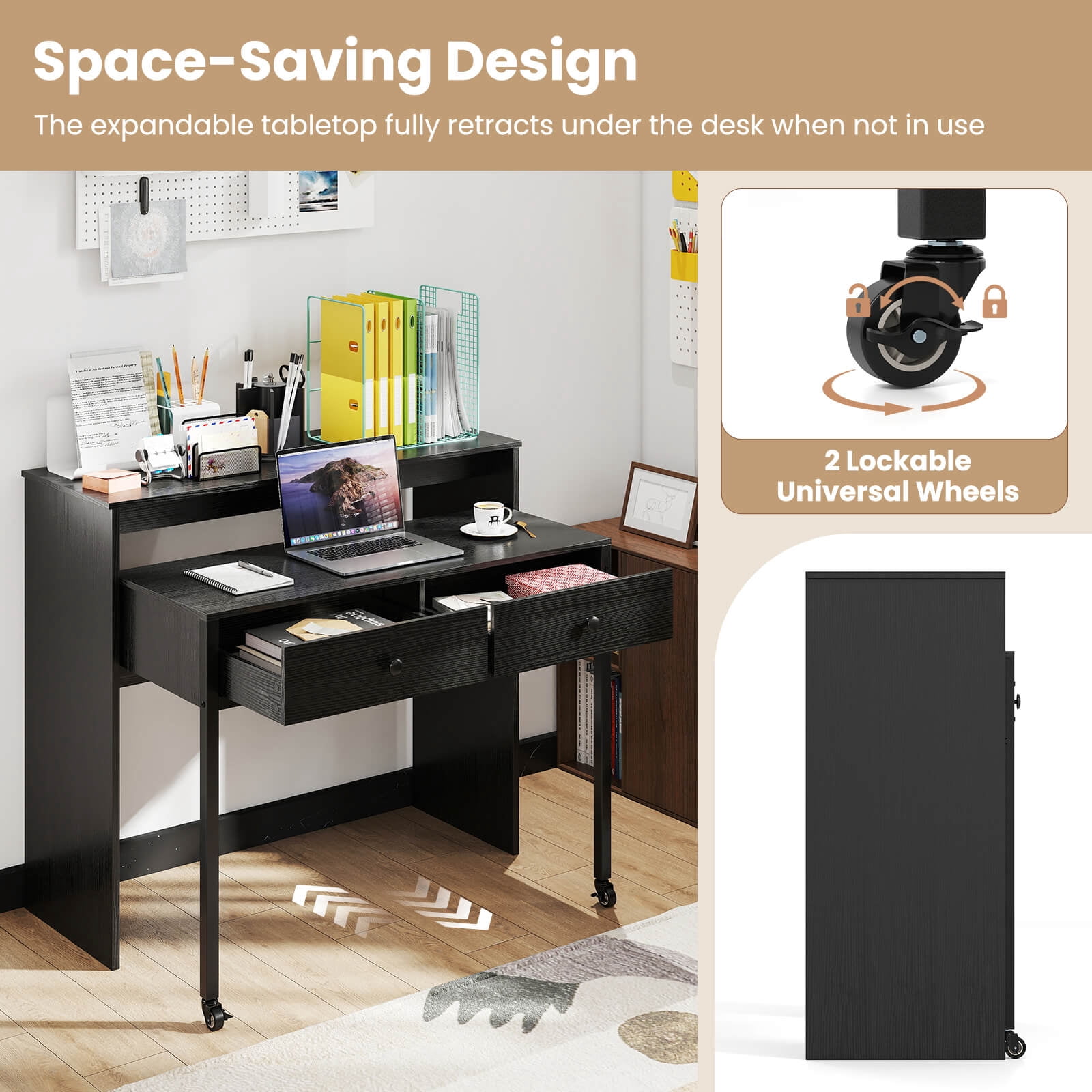 Costway 39.5" Expandable Rolling Computer Desk with Monitor Shelf 2-tier Desktop 2 Drawers Black