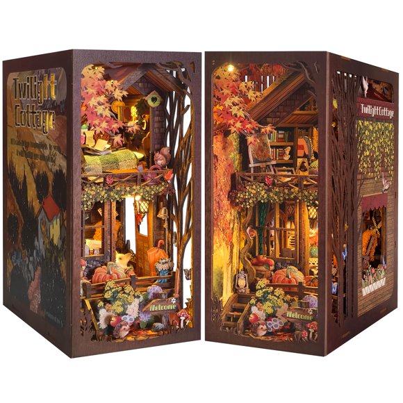 Kit Book Nook ETKVR Twilight Cottage con luces LED y funda antipolvo
