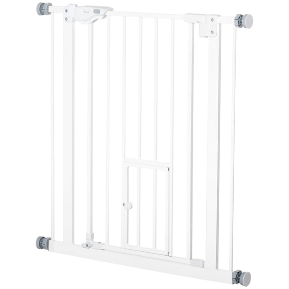 PawHut Extra Wide Steel Pet Gate with Cat Door, Auto-Close Security Barrier for Stairs & Hallways, 29-31.5" Adjustable Width, White