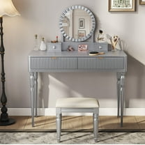 AENKYO Vanity Table with Stool & Adjustable Mirror, Vintage Modern Solid Wood Makeup Desk with 4-Drawer, Silver