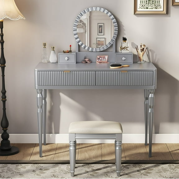 AENKYO Vanity Table with Stool & Adjustable Mirror, Vintage Modern Solid Wood Makeup Desk with 4-Drawer, Silver