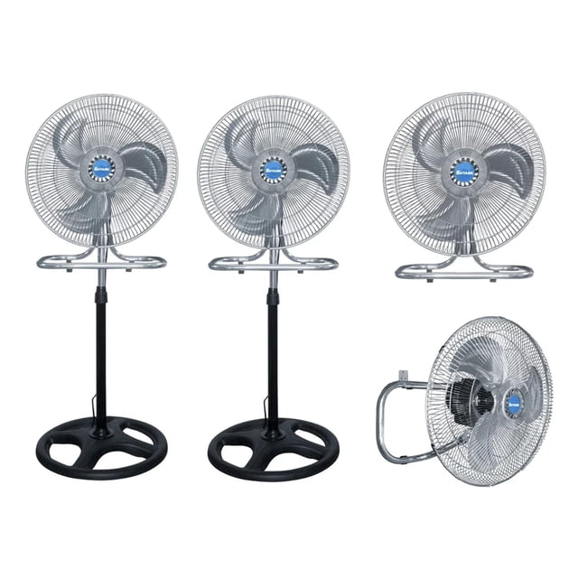 shtark set 2 ventiladores multiposición 3 en 1 | ventilador 18 pulgadas aspas metalicas, motor silencioso, ajuste de altura | abanico oscilante potente, 3 velocidades pedestal, piso, pared Conjunto de dos ventiladores CUORY plateados de 18 pulgadas en configuraciones pedestal y montaje en pared/piso; aspas metálicas con rejilla protectora, soporte metálico negro con altura ajustable y base redondeada, cabezal inclinable con oscilación y control de 3 velocidades, motor silencioso. También suele usarse para renovar ventilación puntual en talleres o bodegas pequeñas.