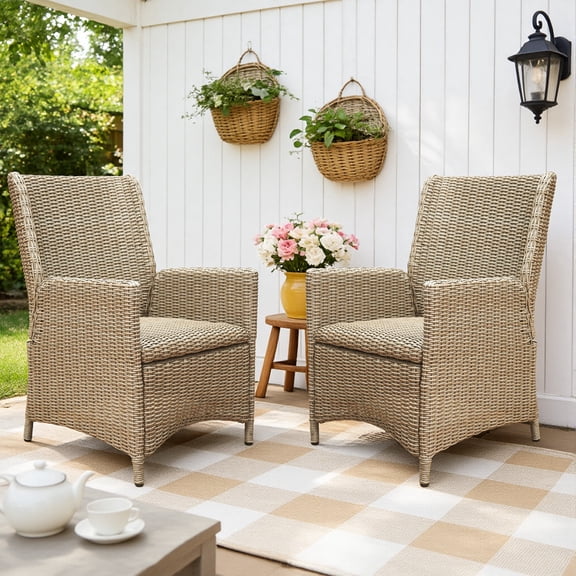 COMLAX FIELD Outdoor Wicker Chairs Set of 2, All Weather Patio Rattan Dining Chairs with Quick-Dry Foam
