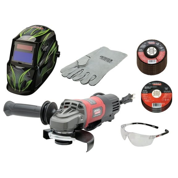 Lincoln Electric 11 Amp Angle Grinder Helmet Kit with 10 Cut-off Wheels, 10 Flap Discs, Safety Glasses and Welding Gloves