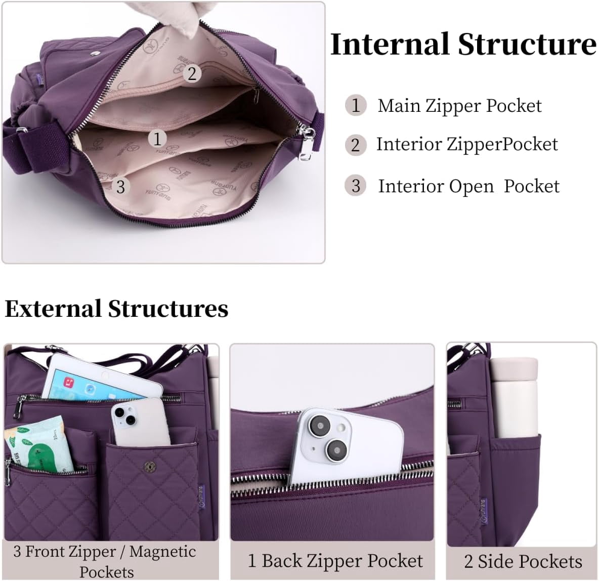 Sunyuer Crossbody Bag for Women, Casual Quilted Nylon Waterproof Travel Purse Trendy Multipocket Lightweight Shoulder Handbags for Ladies