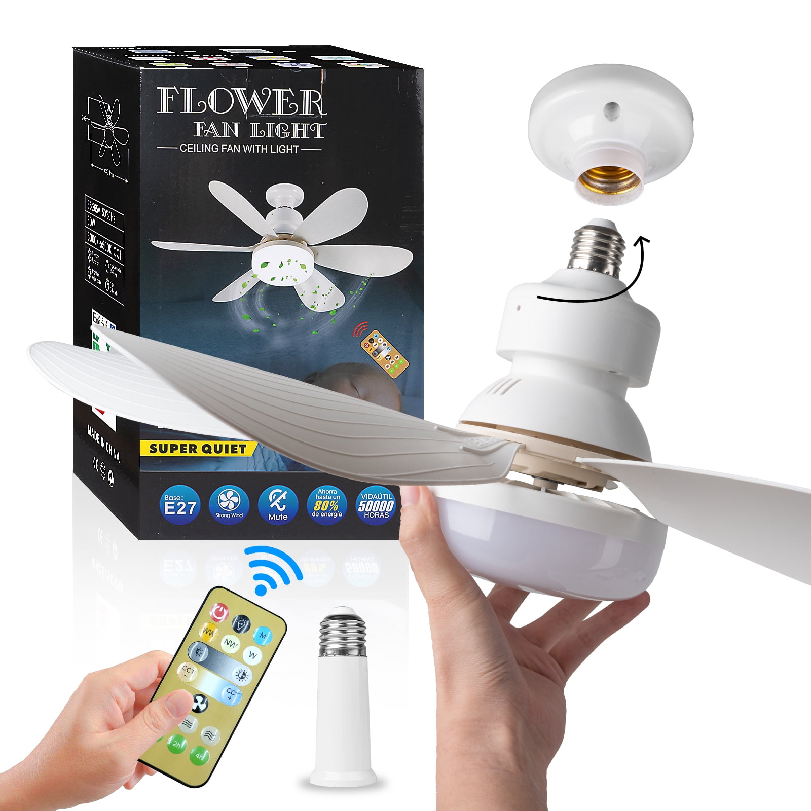 Surnie Socket Fan Light with Remote, 20.5” Screw Ceiling Fans with Lights, E26 Base Small Ceiling Fan, Dimmable Socket Fan Ceiling Fan with Light for Garage Bathroom Bedroom Kitchen, White Flat Lamp