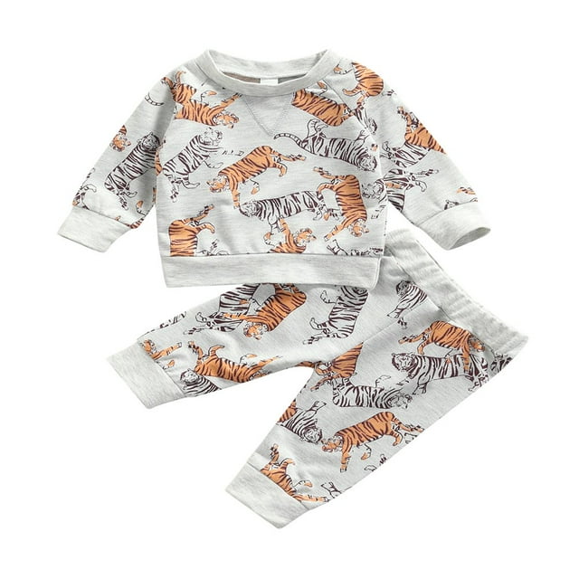 2Pcs Toddler Baby Spring Autumn Clothes Baby Long Sleeves + Trousers Tiger Pattern Cartoon Neck
