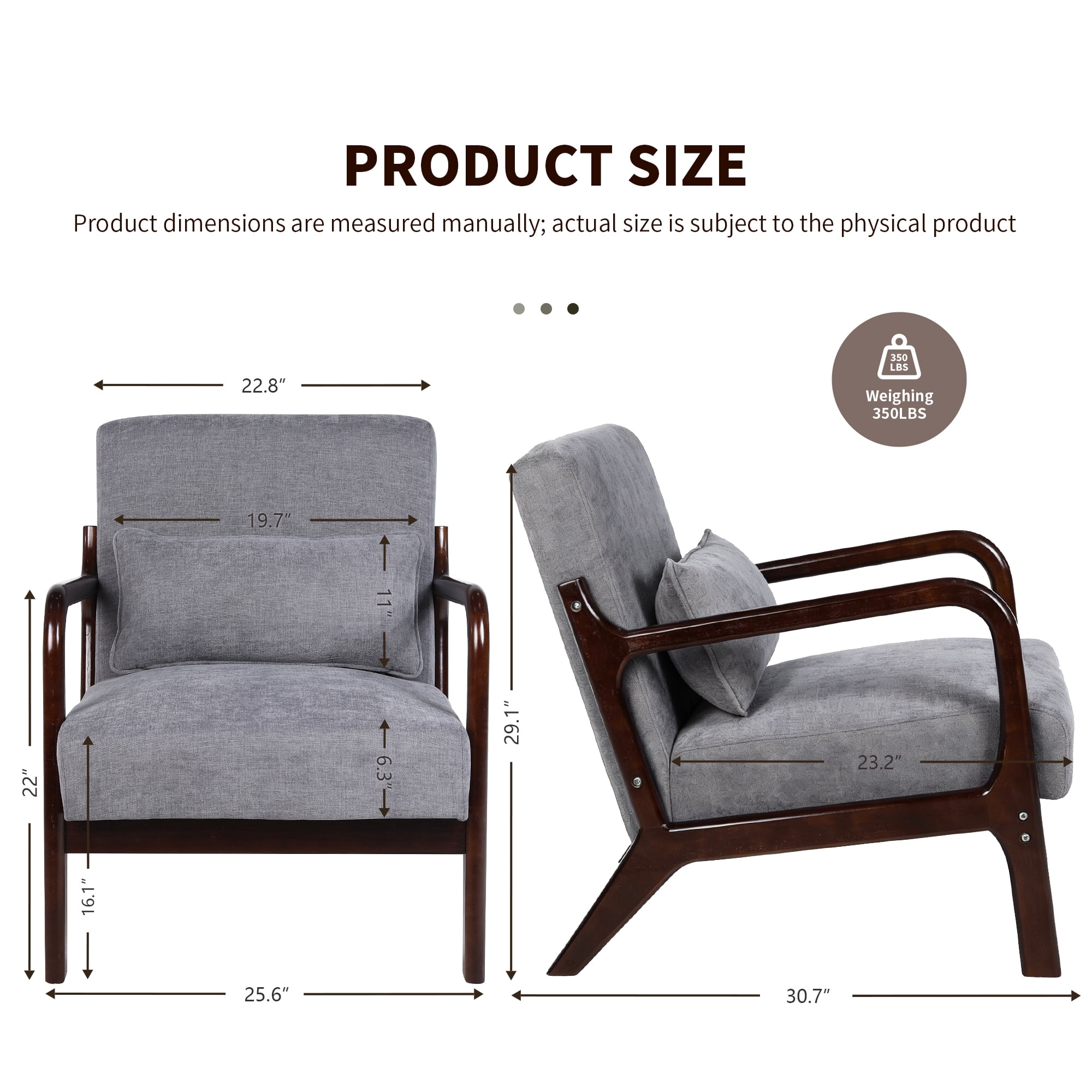 Leumius Accent Chair, Mid Century Modern Armchair with Solid Wood Frame and Detachable Lumbar Pillow for Living Room, Bedroom, Office Dark Grey