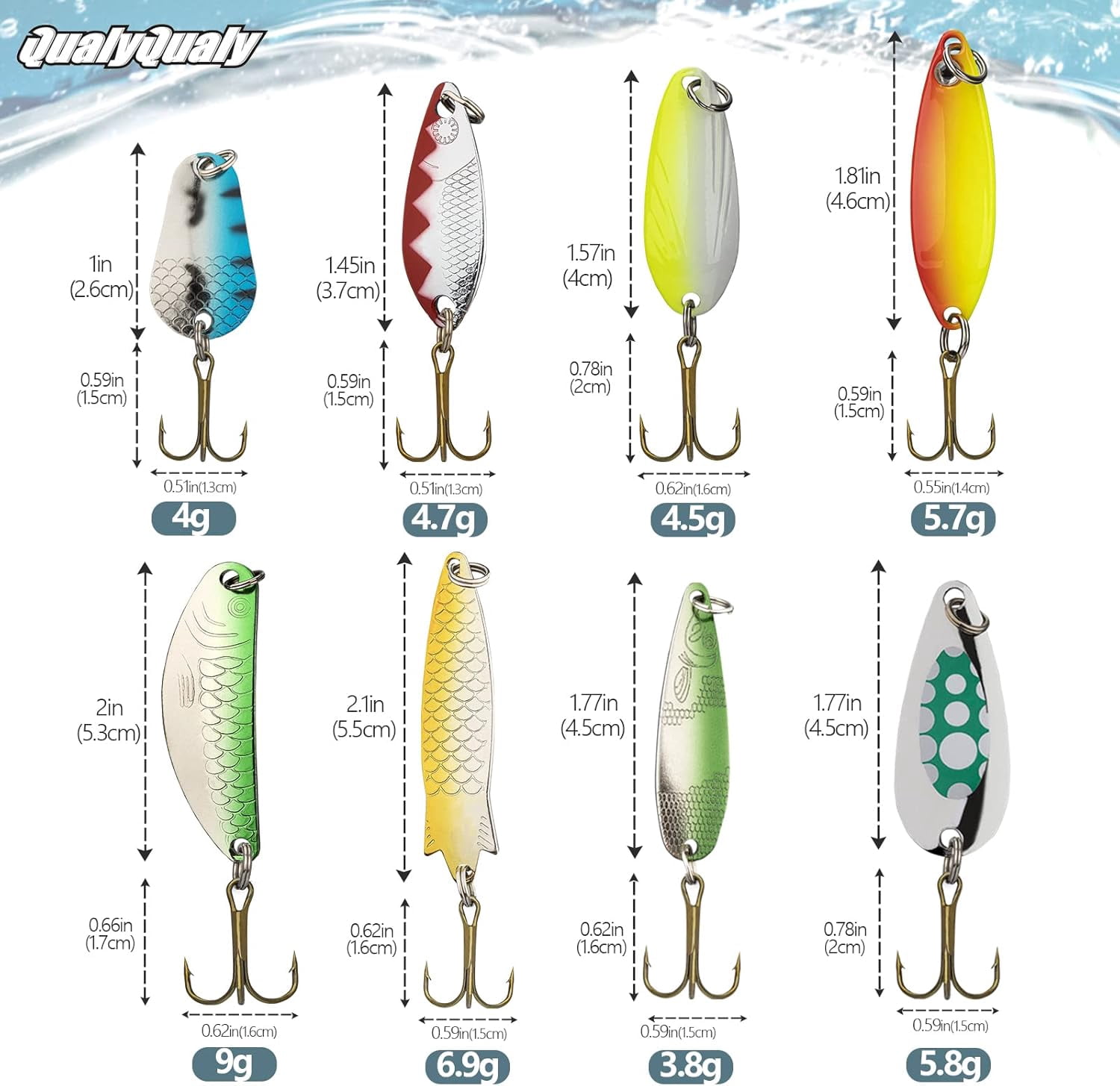 QualyQualy 30Pcs Fishing Lures Baits Tackle, Fishing Spoon Lure Spinnerbait Bass Walleye Trout Salmon Hard Metal Spinner Baits Kit
