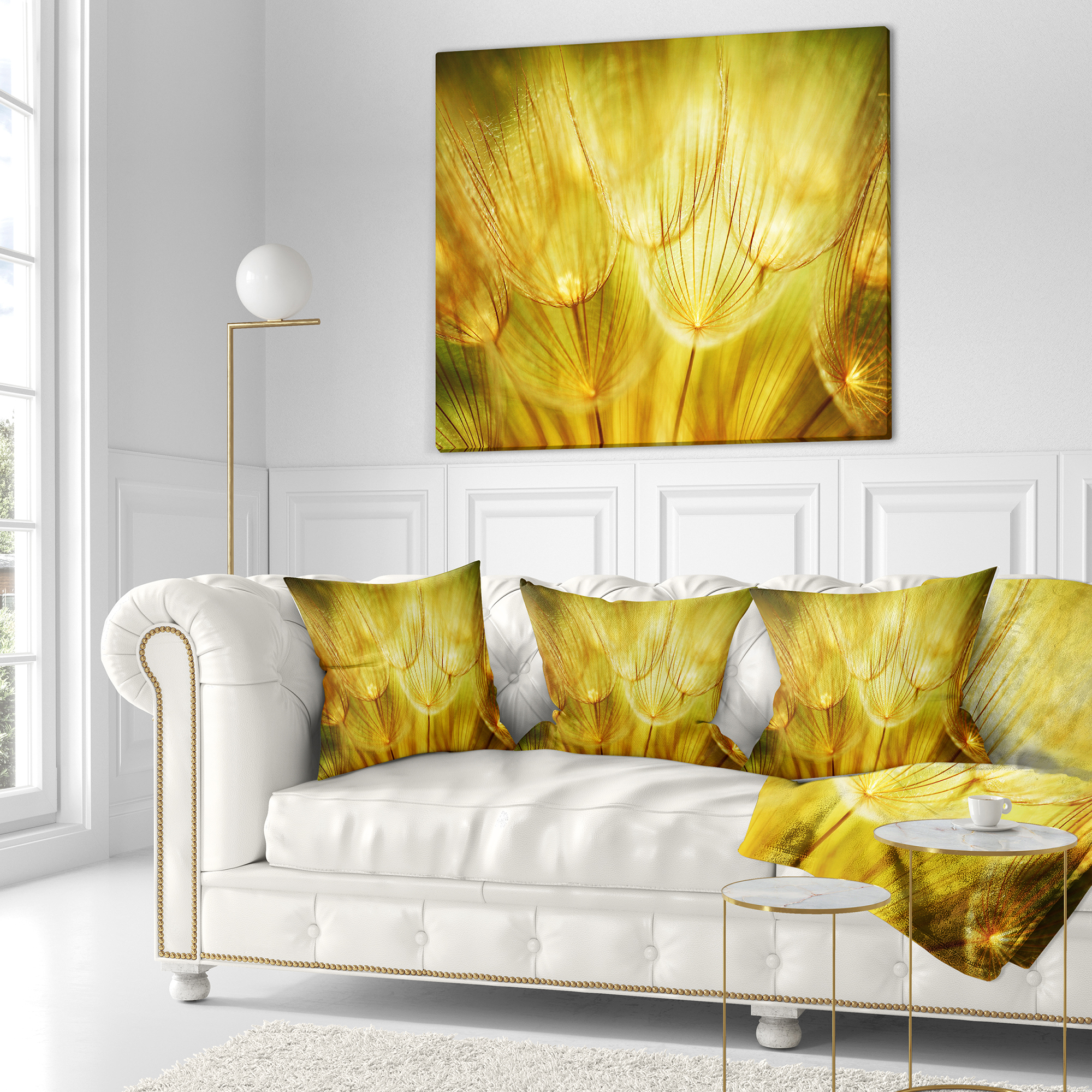 Designart Soft Yellow Dandelion Flowers - Floral Throw Pillow - 16x16