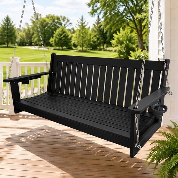 HDPE 3-Seater Porch Swing, 5-ft Bench Swing with Foldable Cup Holders,18/8 Stainless Steel Hardware, High Backrest and Deep Contoured Seat (Black, 5-feet)